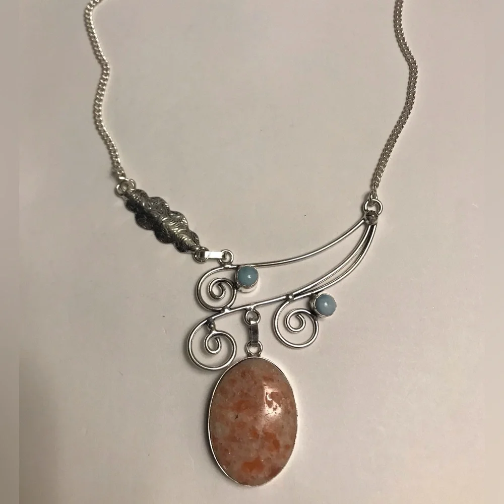 Sunstone Larimar Stamped 925 Sterling Silver Necklace